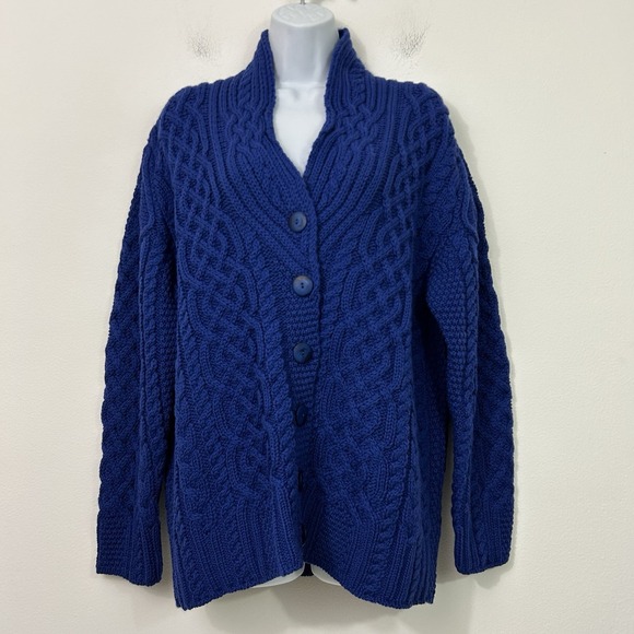 Aran Crafts Sweater Womens Medium Irish Cable Knit Button Front Cardigan Blue - Picture 2 of 12